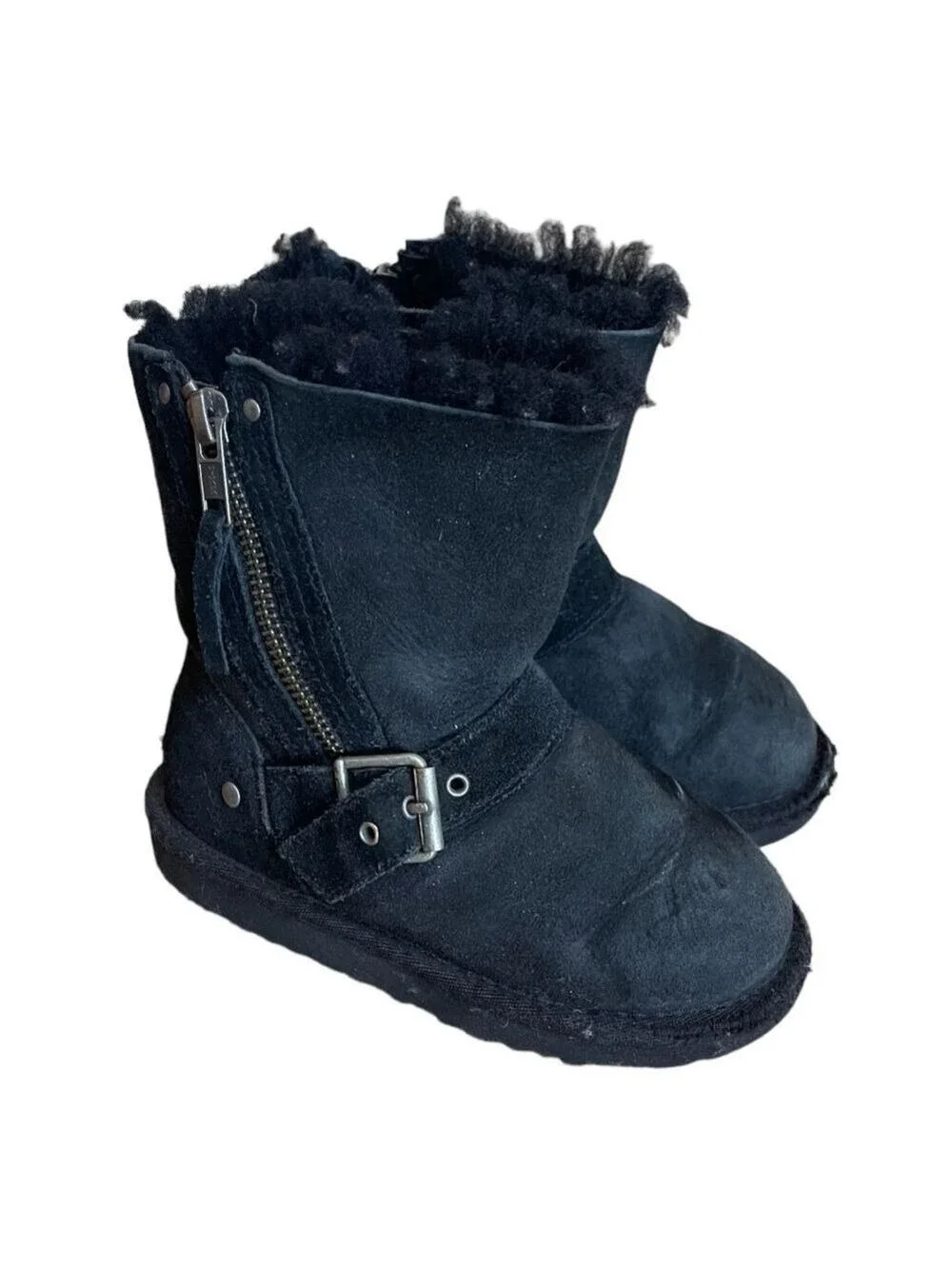 UGG Blaise boys kids black short fur shearling boots zipper & buckle 10 US 27 EU